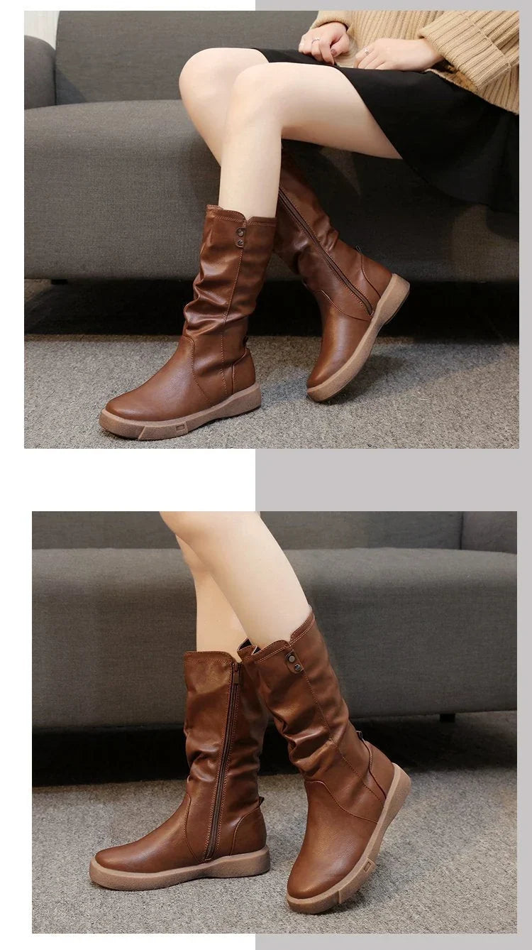 Women's Slouchy Mid-Calf Boots with Side Zipper and Low Heel