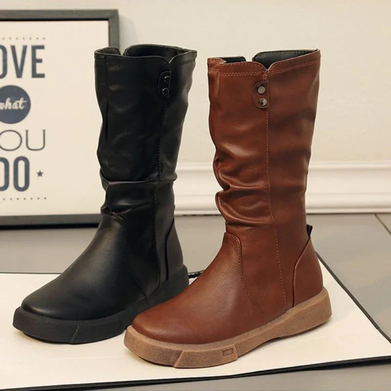 Women's Slouchy Mid-Calf Boots with Side Zipper and Low Heel