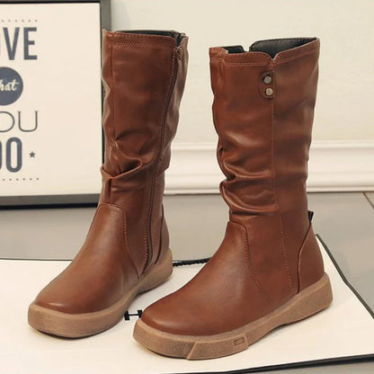 Women's Slouchy Mid-Calf Boots with Side Zipper and Low Heel