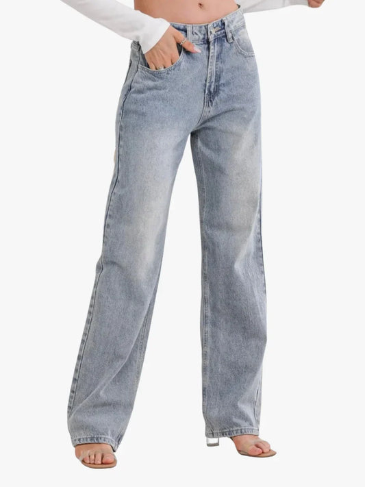 Women's High-Rise Straight-Leg Jeans with Faded Wash and Relaxed Cut