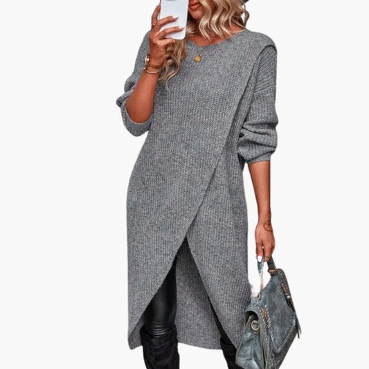 Women's Midi Knit Sweater Dress with Crewneck and Wrap-Front Detail