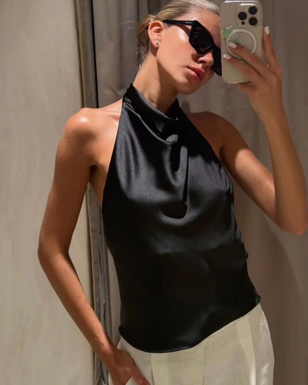 Women's Sleeveless Halter Top with Draped Cowl Neck and Fitted Shape