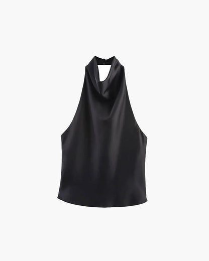 Women's Sleeveless Halter Top with Draped Cowl Neck and Fitted Shape