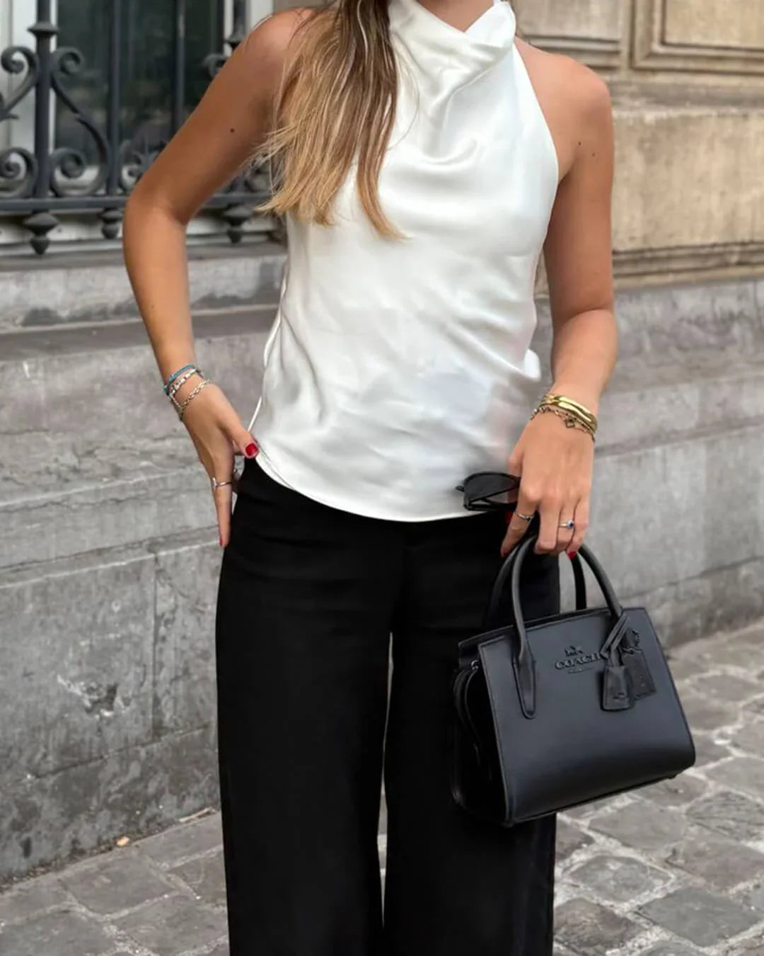 Women's Sleeveless Halter Top with Draped Cowl Neck and Fitted Shape