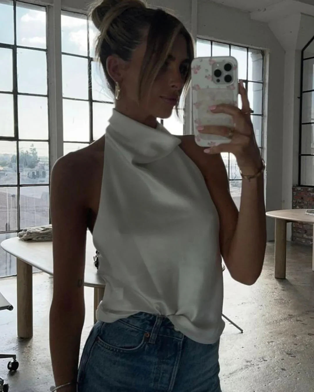Women's Sleeveless Halter Top with Draped Cowl Neck and Fitted Shape