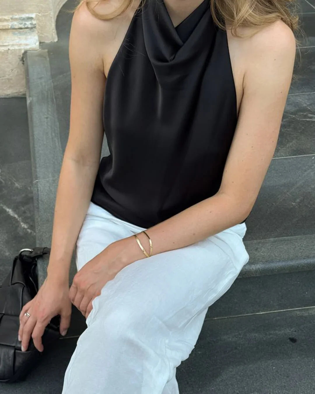 Women's Sleeveless Halter Top with Draped Cowl Neck and Fitted Shape