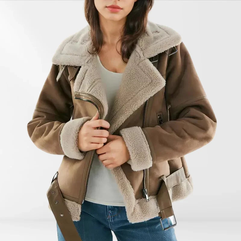 Women's Cropped Moto Jacket with Asymmetric Zipper and Wide Lapels