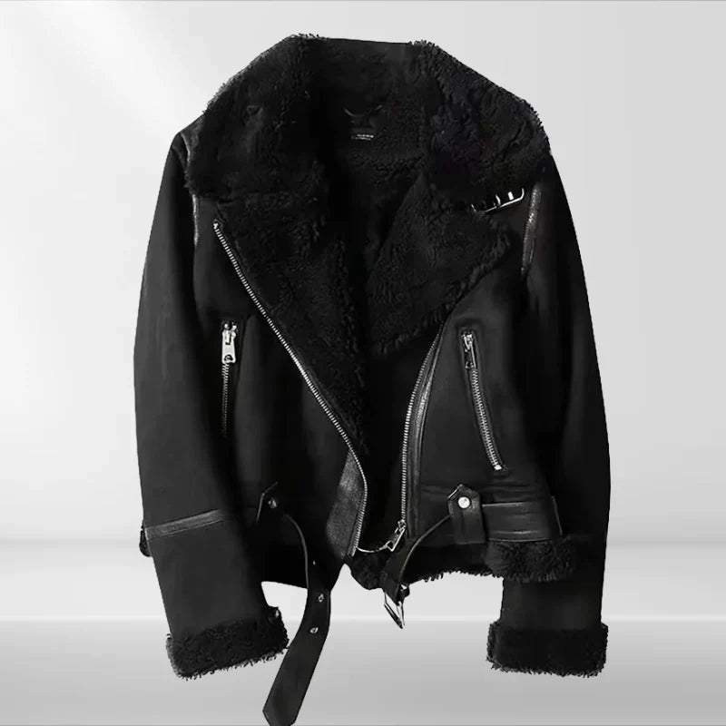 Women's Cropped Moto Jacket with Asymmetric Zipper and Wide Lapels