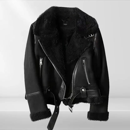 Women's Cropped Moto Jacket with Asymmetric Zipper and Wide Lapels