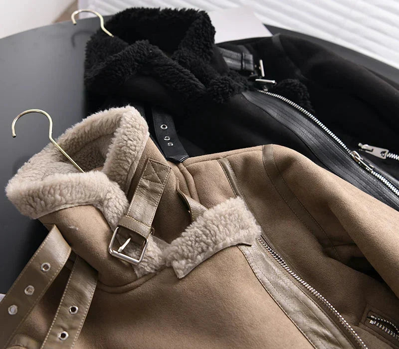 Women's Cropped Moto Jacket with Asymmetric Zipper and Wide Lapels