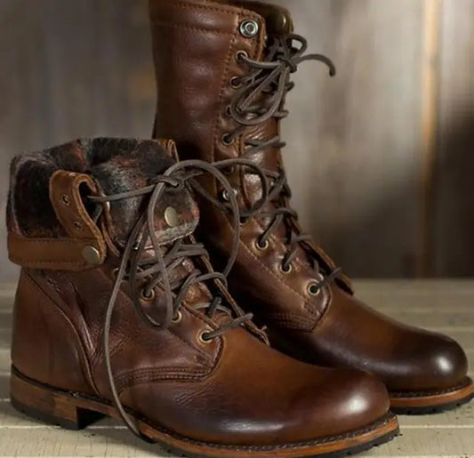 Women's Lace-Up Ankle Boots with Rounded Toe and Stitch Details
