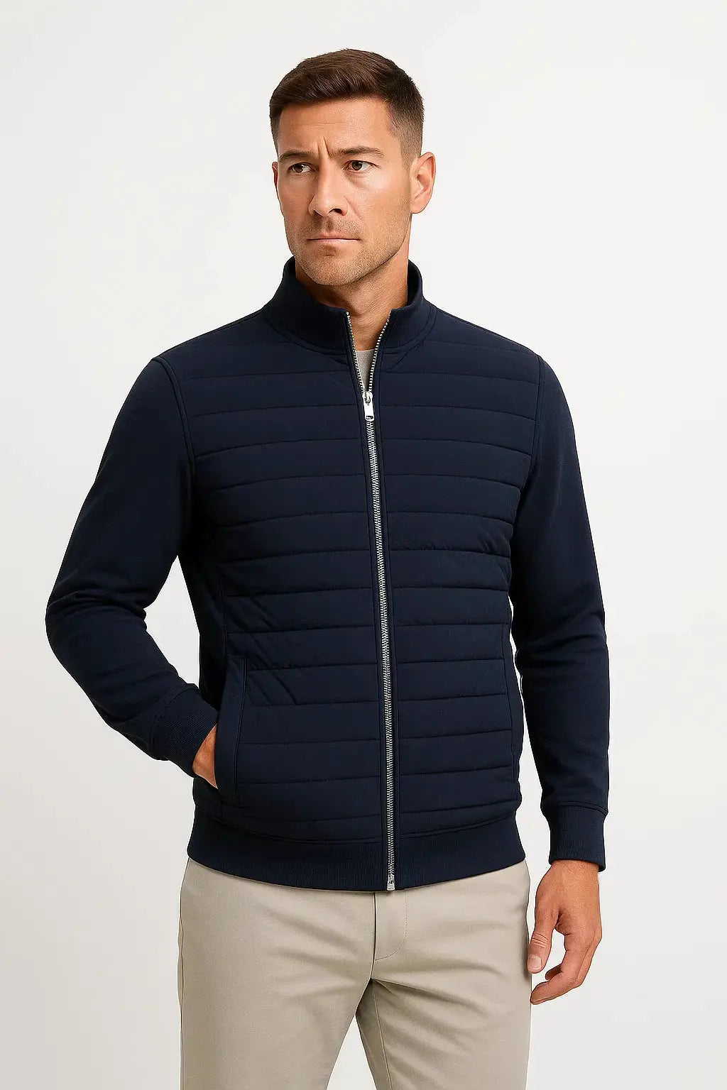 Men's Hybrid Zipper Jacket with Quilted Front and Knit Sleeves