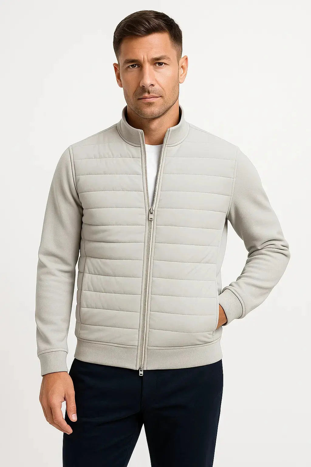 Men's Hybrid Zipper Jacket with Quilted Front and Knit Sleeves