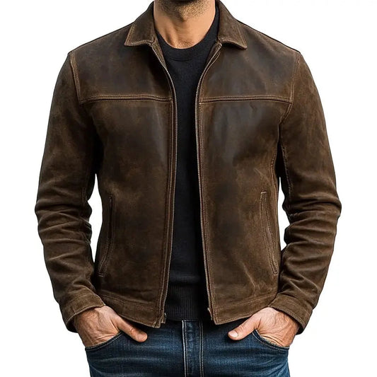 Men's Pointed-Collar Zipper Jacket with Panel Seam Details