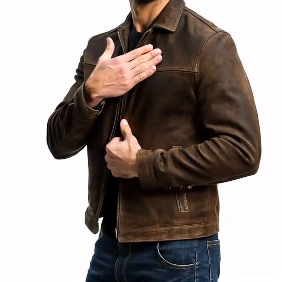 Men's Pointed-Collar Zipper Jacket with Panel Seam Details