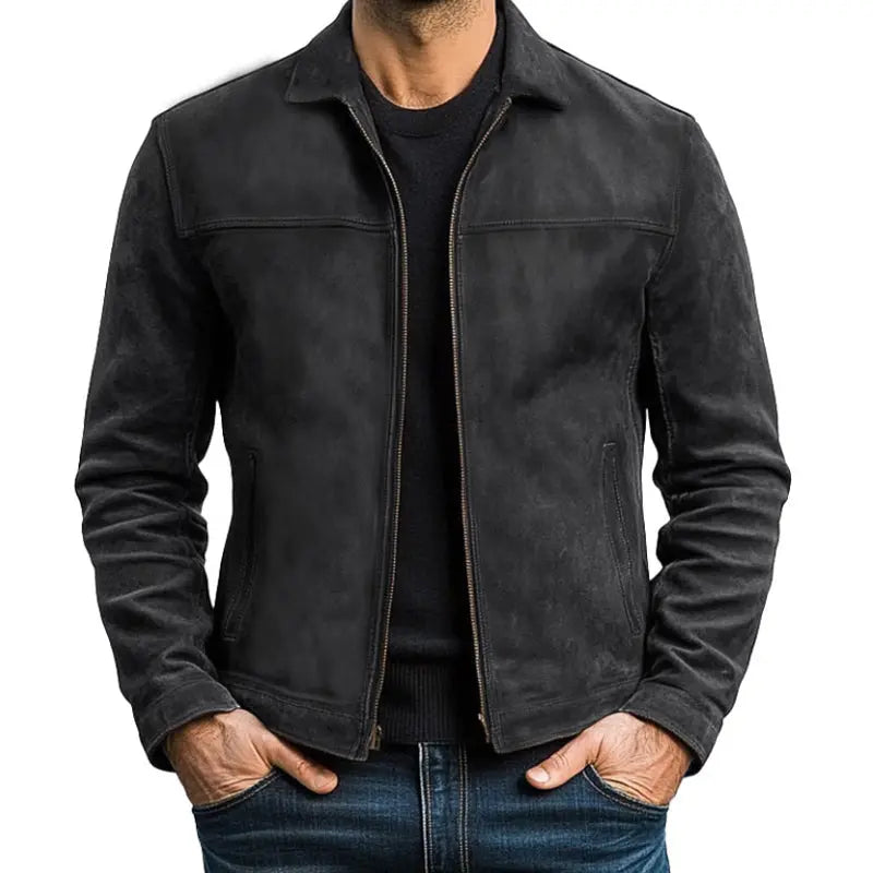 Men's Pointed-Collar Zipper Jacket with Panel Seam Details