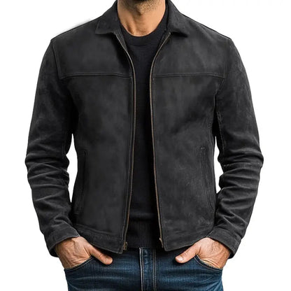 Men's Pointed-Collar Zipper Jacket with Panel Seam Details