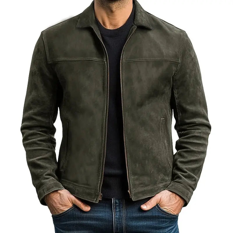 Men's Pointed-Collar Zipper Jacket with Panel Seam Details