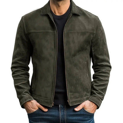 Men's Pointed-Collar Zipper Jacket with Panel Seam Details