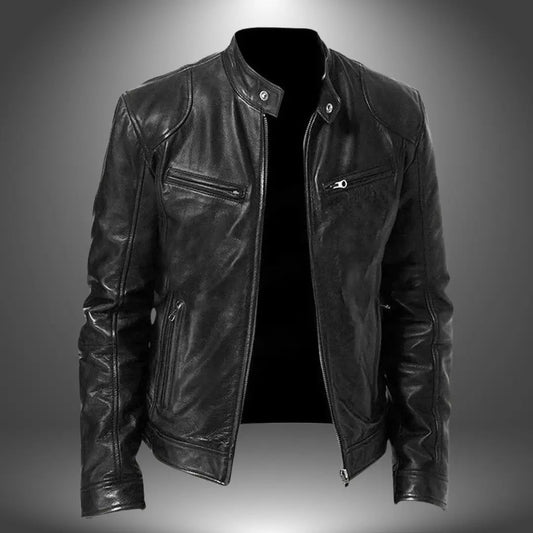 Men's Slim-Fit Biker-Style Zipper Jacket with Stand Collar