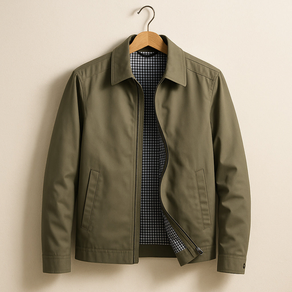 Men's Zipper Jacket with Pointed Collar and Plaid Lining