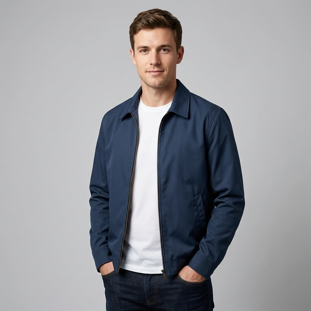 Men's Zipper Jacket with Pointed Collar and Plaid Lining