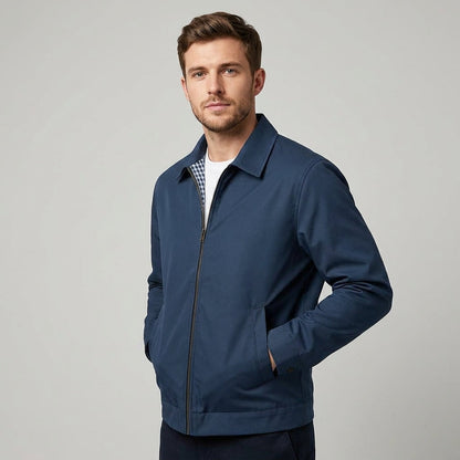 Men's Zipper Jacket with Pointed Collar and Plaid Lining
