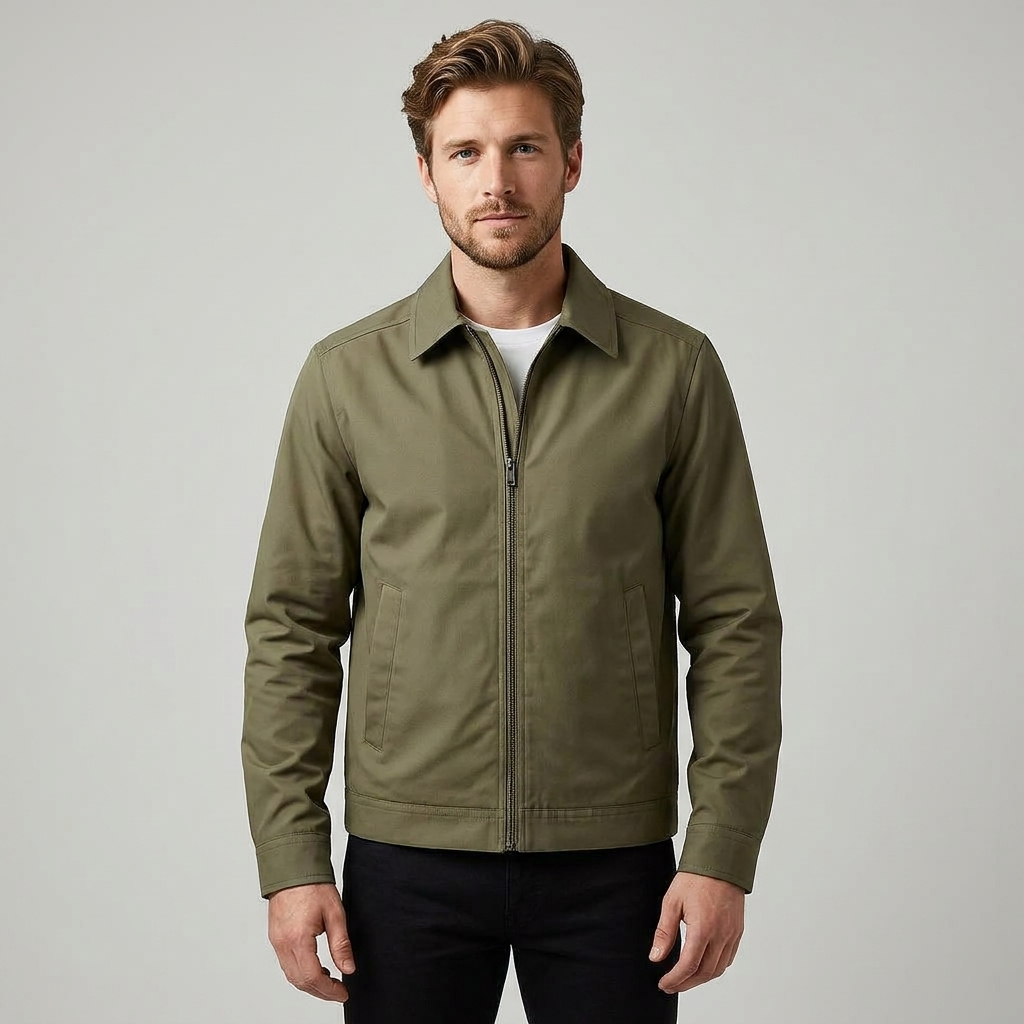 Men's Zipper Jacket with Pointed Collar and Plaid Lining