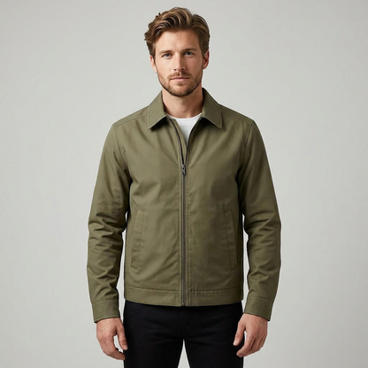 Men's Zipper Jacket with Pointed Collar and Plaid Lining