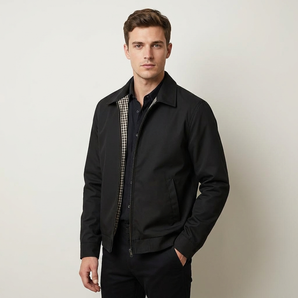 Men's Zipper Jacket with Pointed Collar and Plaid Lining