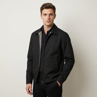 Men's Zipper Jacket with Pointed Collar and Plaid Lining