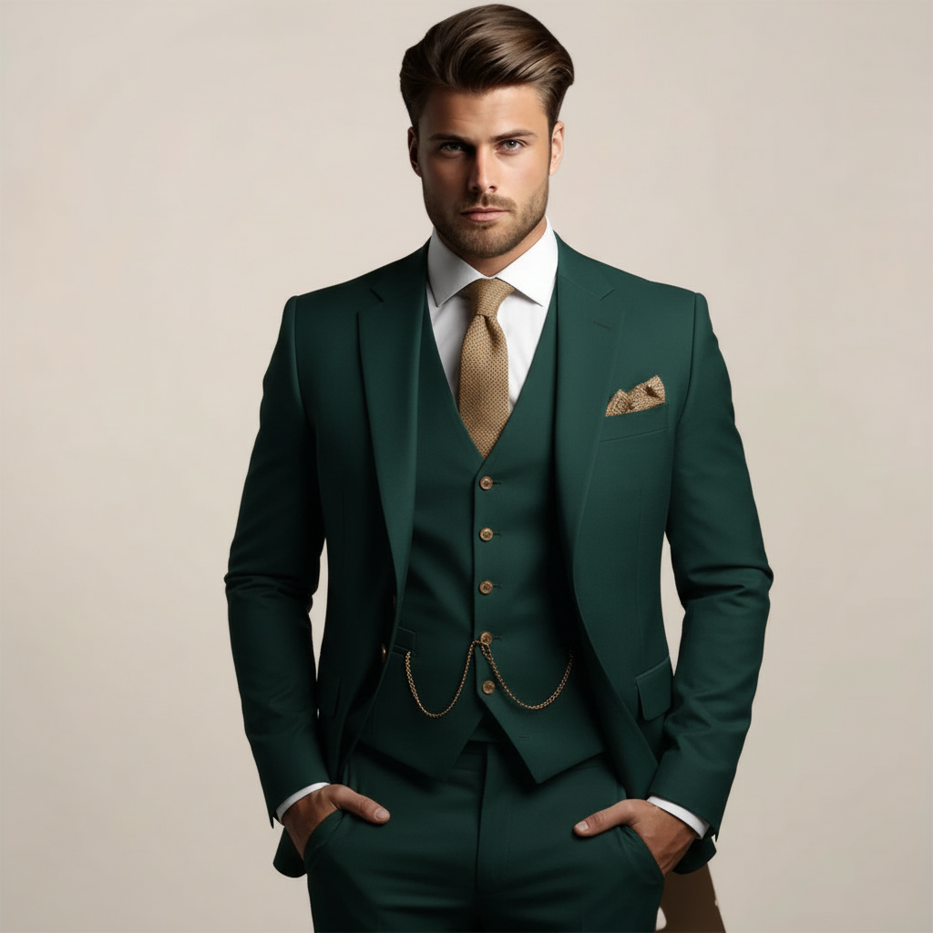 Men's Three-Piece Suit with Jacket, Button-Front Vest and Pants