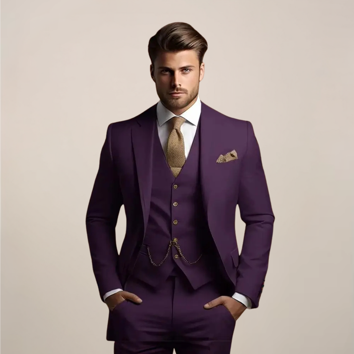 Men's Three-Piece Suit with Jacket, Button-Front Vest and Pants