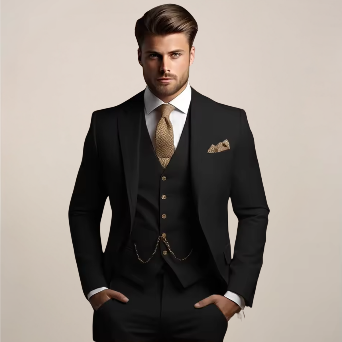 Men's Three-Piece Suit with Jacket, Button-Front Vest and Pants