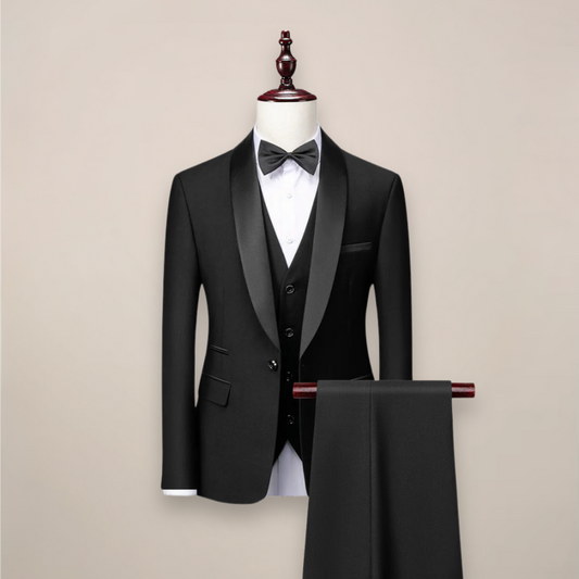 Men's Three-Piece Tuxedo Suit with Shawl Lapels, Vest and Pants