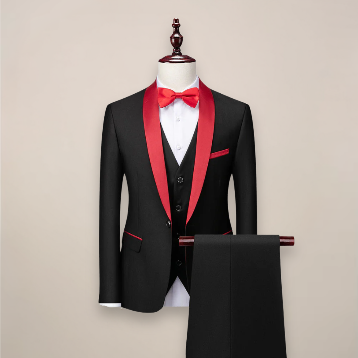Men's Three-Piece Tuxedo Suit with Shawl Lapels, Vest and Pants