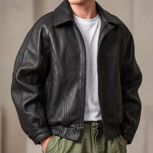 Men's Black Zipper Jacket with Pointed Collar and Gathered Hem