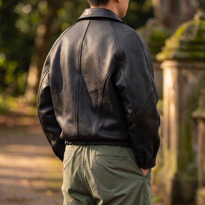 Men's Black Zipper Jacket with Pointed Collar and Gathered Hem