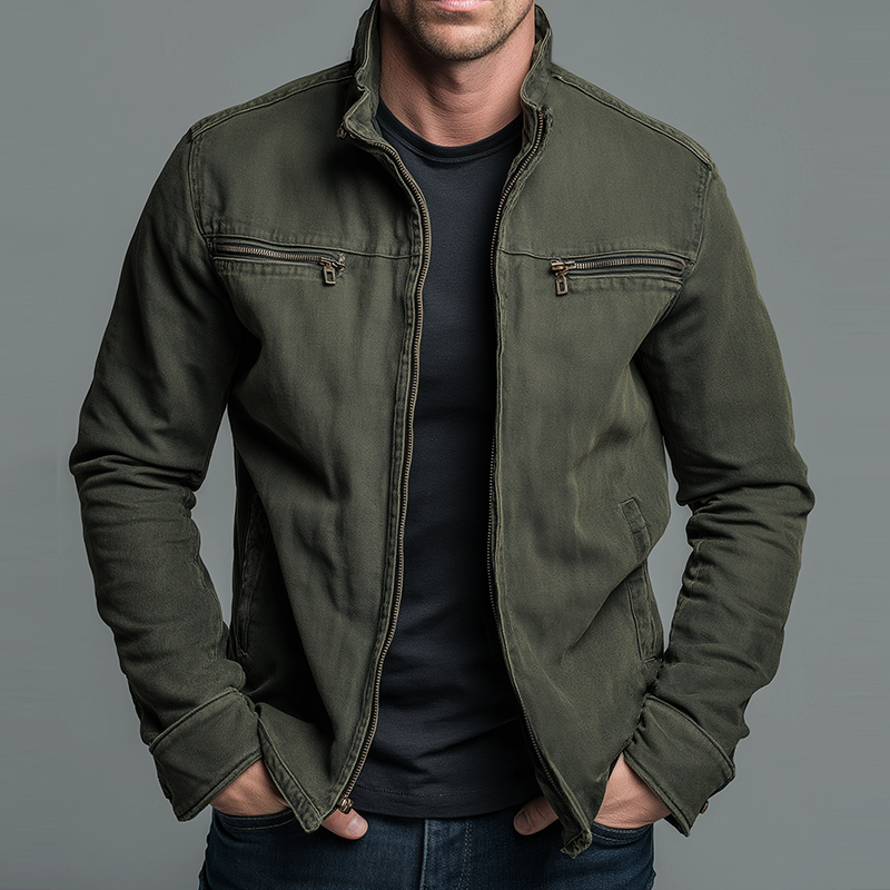 Men's Stand-Collar Zipper Jacket with Chest and Side Pockets