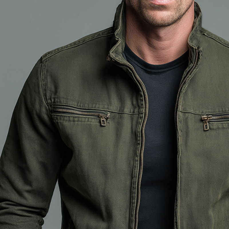 Men's Stand-Collar Zipper Jacket with Chest and Side Pockets