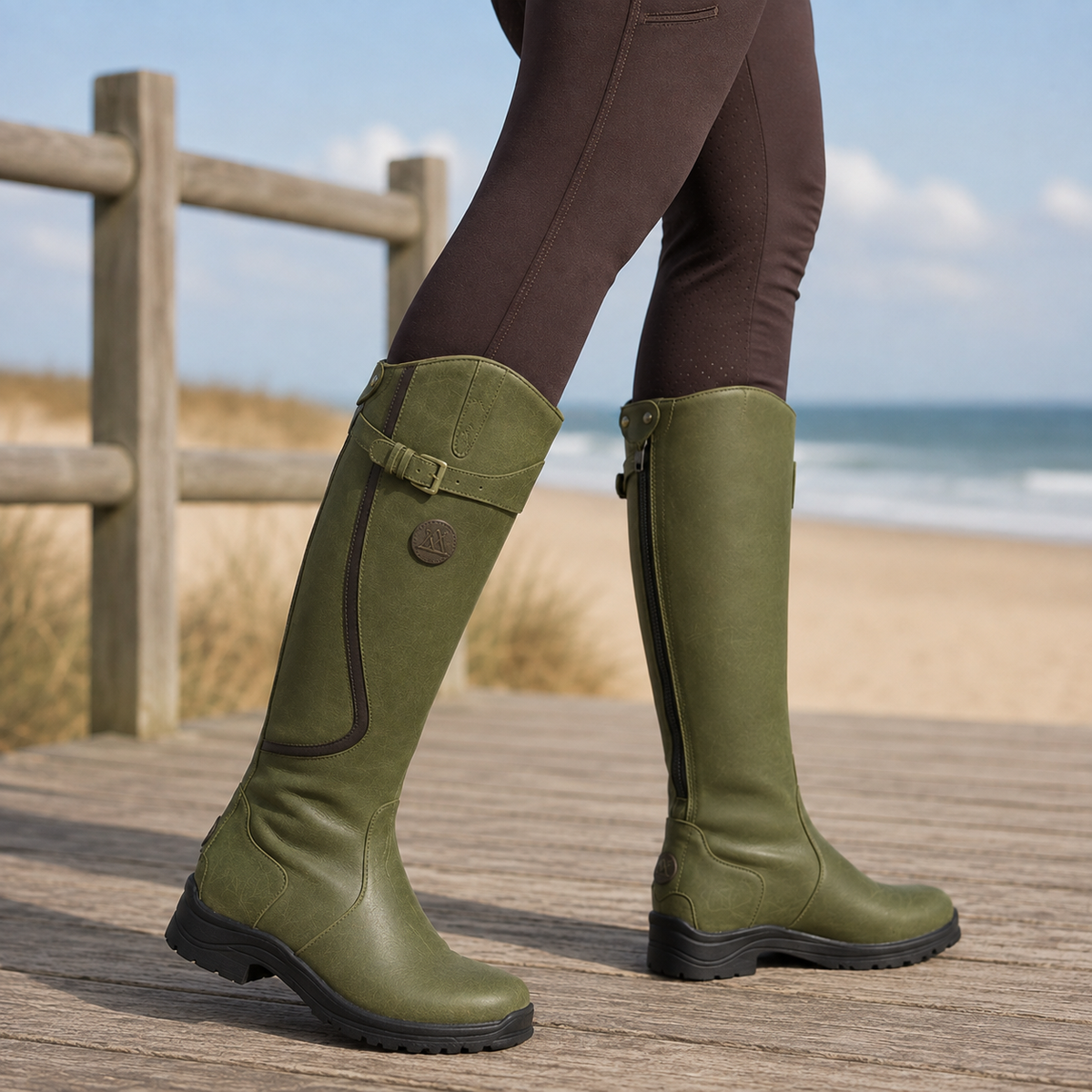 Women's Knee-High Riding Boots with Buckle Straps and Side Zipper