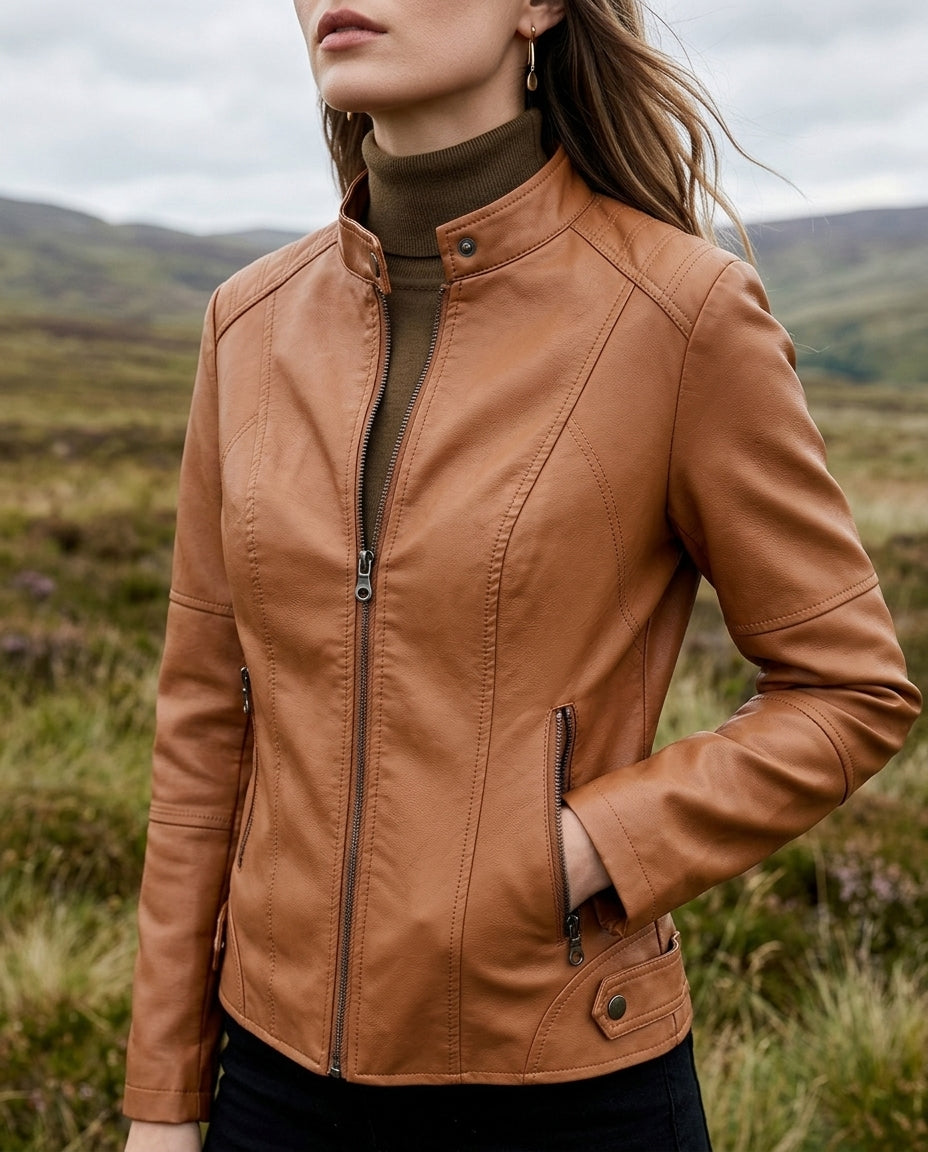 Women's Cropped Stand-Collar Zipper Jacket with Side Zip Details