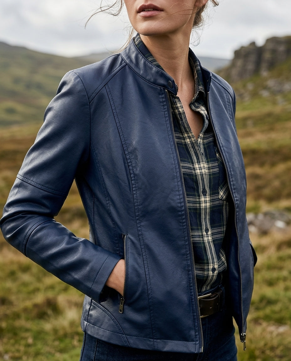 Women's Cropped Stand-Collar Zipper Jacket with Side Zip Details