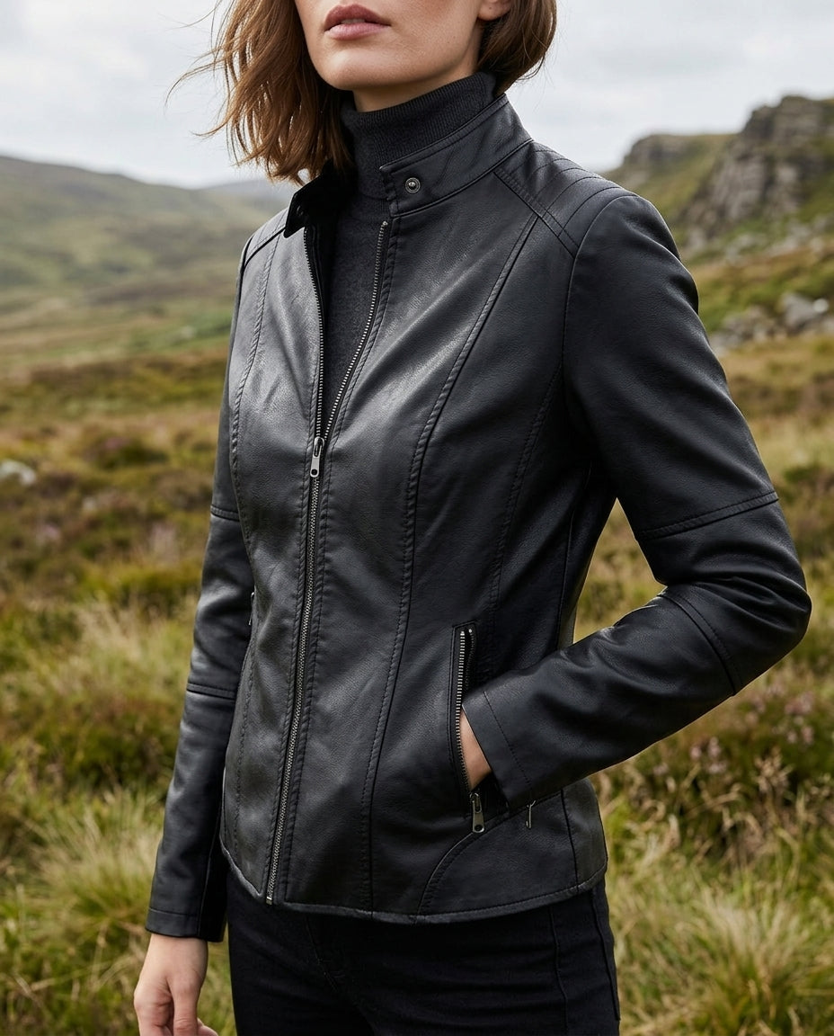 Women's Cropped Stand-Collar Zipper Jacket with Side Zip Details