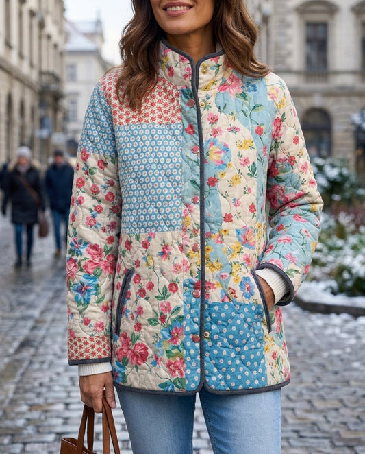 Women's Floral-Print Quilted Jacket with Relaxed Shape and Front Opening