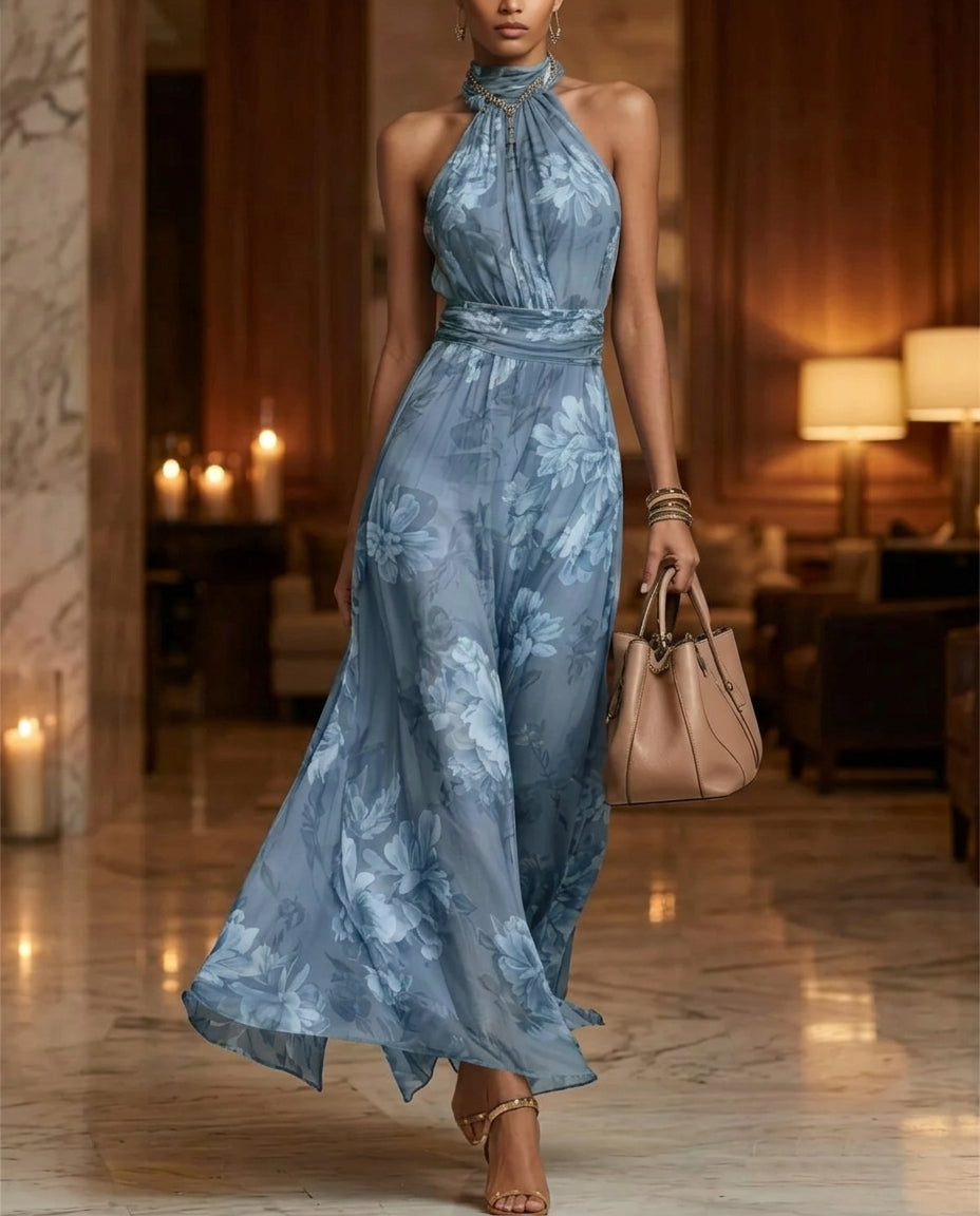 Women's Floral Halter Maxi Dress with Ruched Waist and Flowing Skirt