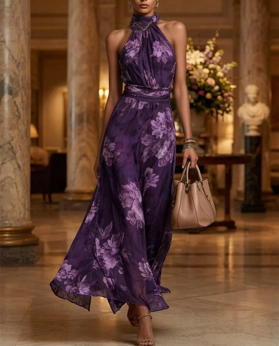 Women's Floral Halter Maxi Dress with Ruched Waist and Flowing Skirt