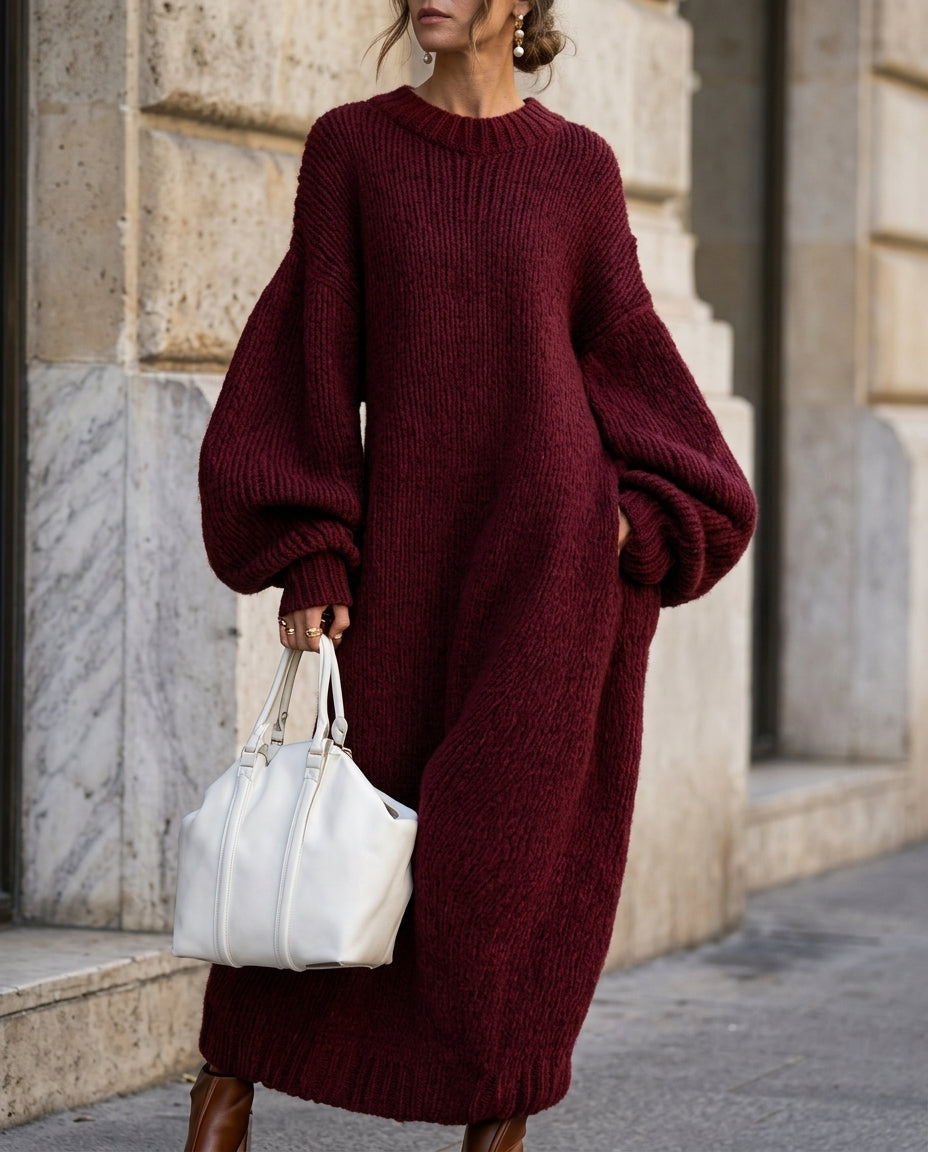 Women's Oversized Ribbed Knit Dress with Balloon Sleeves and Pockets