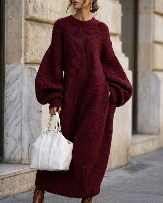 Women's Oversized Ribbed Knit Dress with Balloon Sleeves and Pockets
