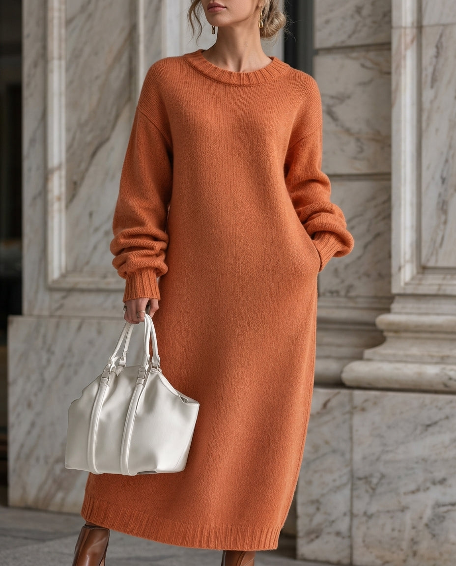 Women's Oversized Ribbed Knit Dress with Balloon Sleeves and Pockets